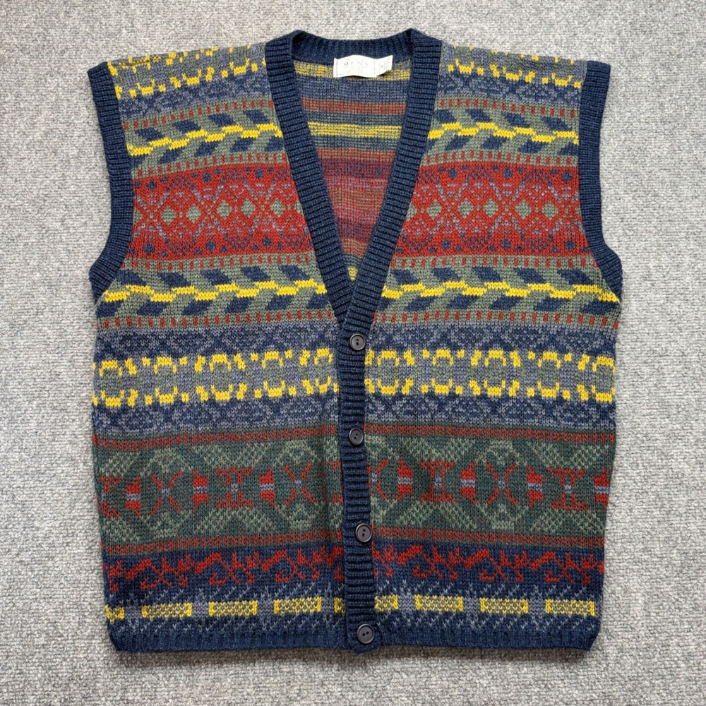 Vintage Sears The Mens Store Fair Isle Cardigan Vest Blue Red Yellow Medium